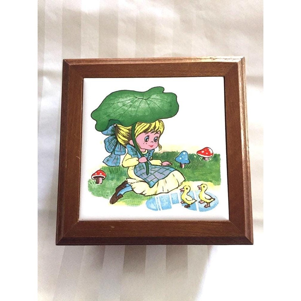 Vintage Girls Wood Jewelry Box Ceramic Tile Mirror Calico Prairie Girl Big Eyes